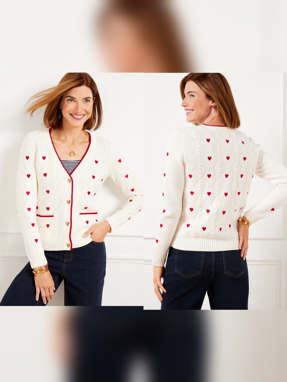 Talbots Sweater Womens 2X Plus Cream Embroidered Heart Cardigan Coquette Grandma